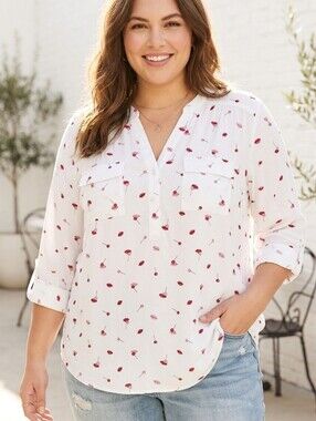 Torrid White Cherry Print Popover Blouse